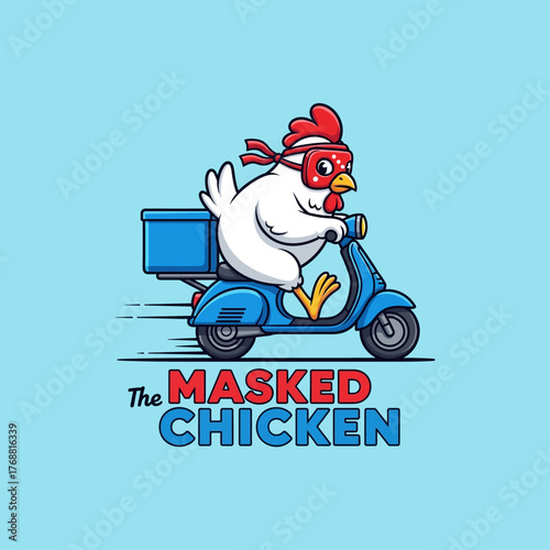 The Masked Chicken Delivery Service Logo Design Featuring a Chicken on a Scooter with a Red Mask and Goggles, Offering Fast and Fun Food Delivery
