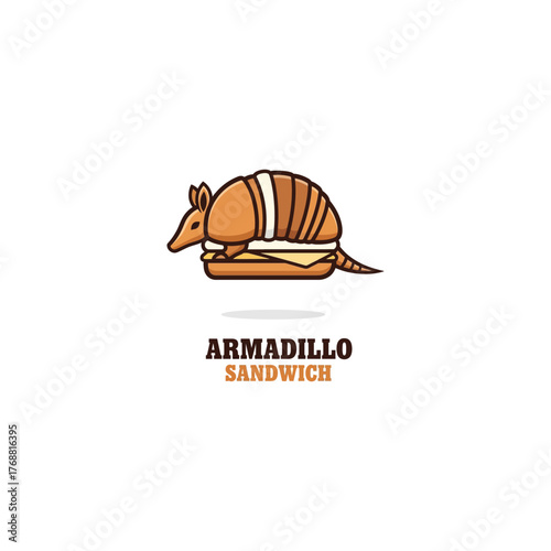 Creative mascot logo design featuring a cute armadillo transformed into a delicious sandwich, an innovative concept for a food business or restaurant brand identity