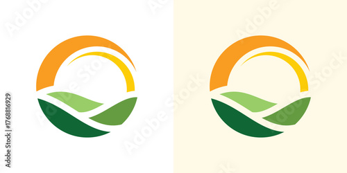 A creative logo combining a sunrise and farm field, symbolizing freshness, organic farming.