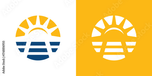 A modern logo combining a sunrise and solar panel, symbolizing renewable energy, sustainability, and clean technology.
