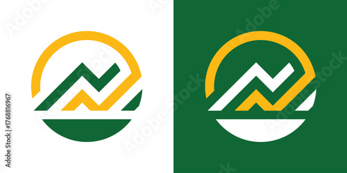A modern logo combining a mountain, upward growth element, and circle, symbolizing progress, stability, and natural strength.