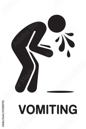 Vomiting stick figure icon simple black glyph illustration of a person throwing up isolated on a white background
