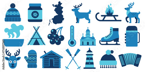 Set of Finland winter icons flat vector design elements representing Finnish culture and traditions