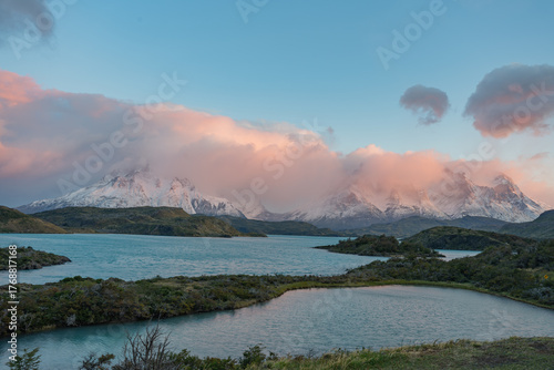 lake pehoe and the paine massif from a lookout on a autumn sunrise at torres del paine