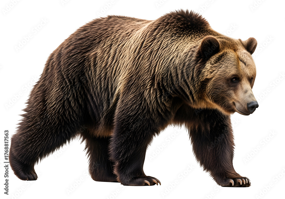 Obraz premium Grizzly bear walking in a natural pose, showcasing its strength and beauty, isolated on white or transparent background. PNG