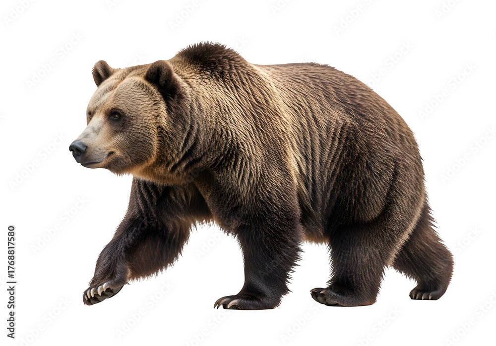 Obraz premium Grizzly bear walking in a natural pose, showcasing its strength and beauty, isolated on white or transparent background. PNG