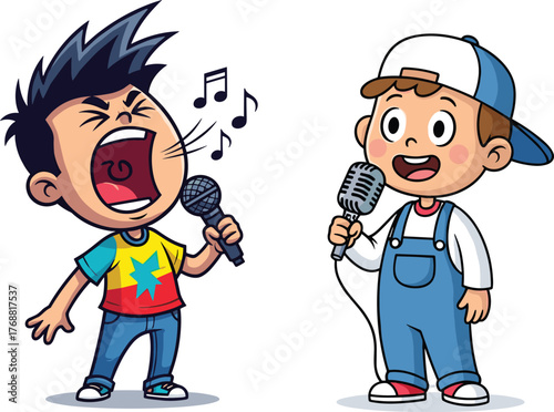 Cartoon children singing with microphones, joyful expressions, musical performance, colorful outfits, kids enjoying music, expressive moment, vector illustration for entertainment
