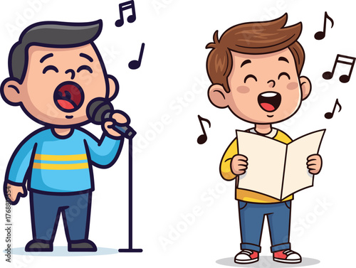 Cartoon children singing, holding microphone and lyrics sheet, music performance, vocal expression, STEM arts, classroom creativity, vector illustration, school talent show