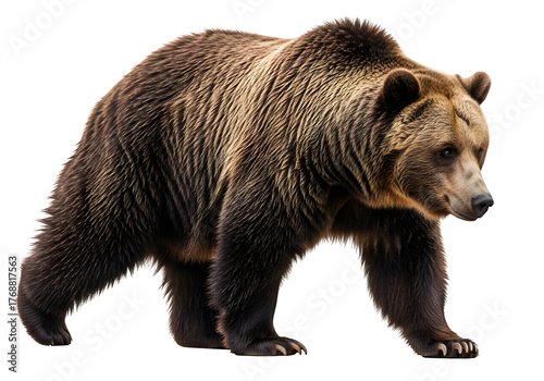 Grizzly bear walking in a natural pose, showcasing its strength and beauty, isolated on white or transparent background. PNG