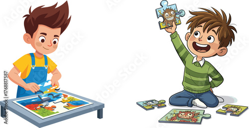 Cartoon children solving jigsaw puzzles, cognitive play, educational activity, problem-solving skills, childhood learning, student engagement, vector illustration, creative thinking