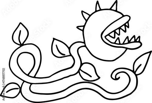 Playful cartoon predatory flower with a smiling face with teeth and a long tail. Drawn with black curved lines in grunge style