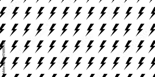 Bolts pattern. Repeated black lightning signs isolated on white background. Wallpaper with power or danger, storm or thunder, shock or surprise cartoon symbols. Vector graphic illustration.