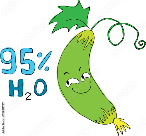 A funny green cucumber with a sly face and the text water formula. Drawn with black curved lines in grunge style