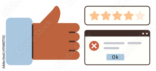 Hand showing approval gesture beside 5-star rating and error dialog box with Ok button. Ideal for feedback, user interface, approval, ratings, customer satisfaction, design testing, simple flat