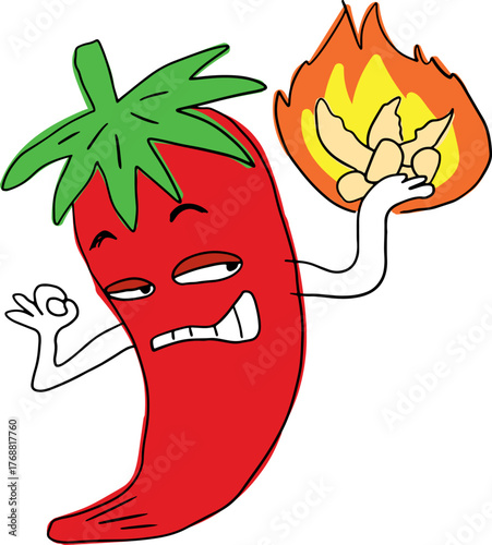 A smiling red hot pepper with cunning eyes holds its spicy seeds in its hand. Drawn with black curved lines in grunge style