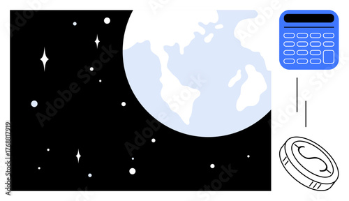 Earth in space with stars, coin, and calculator symbolizing global finance, economics, wealth, investments, sustainability development and innovation. Ideal for global monetary themes. Simple flat