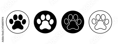 Set of dog or cat paw silhouettes in round shapes. Puppy or kitty footprint stamps isolated on white background. Veterinary clinic or pet shop pictograms. Vector flat illustration.