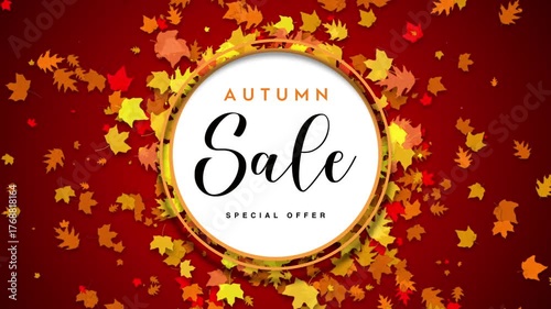 Autumn Sale Event. 4K Video Background with Realistic Falling Autumn Leaves and Seasonal Colors.