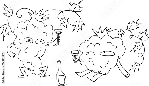 Playful grapes with eyes, sitting and sipping wine from glasses. Fun, cheerful illustration suitable for wine or food themes. Drawn with black curved lines in grunge style