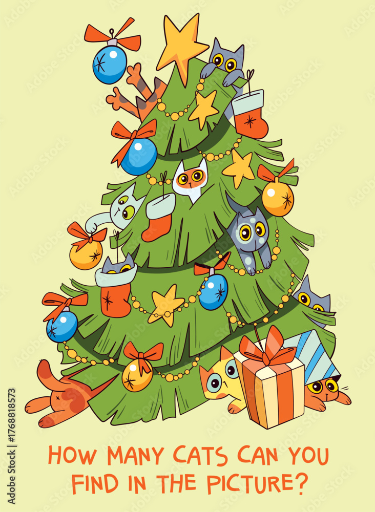 Fototapeta premium How many cats can you find in the picture. Cute Christmas puzzle illustration with cats hiding in a decorated Christmas tree. Fun holiday game for kids - count how many kittens are in the picture