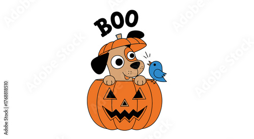 Adorable Halloween Illustration: Puppy in Pumpkin with Bird, a Spooky Season Delight
