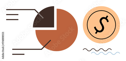Pie chart with divided segments and annotations paired with a dollar coin for financial growth and analysis. Ideal for finance, economy, budget, investment, revenue, profit, data visualization. A