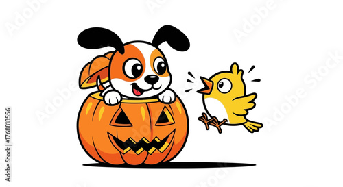 Cartoon dog inside a Halloween pumpkin with a singing yellow bird for festive designs