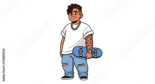 Cartoon illustration of a young man holding a skateboard dressed in casual streetwear fashion