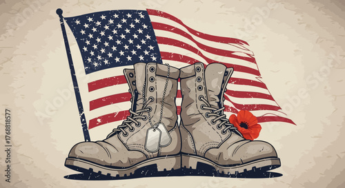 Patriotic tribute honoring military service, symbolized by boots, flag, and poppy in vintage style