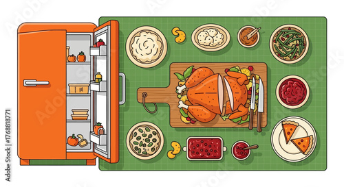 A vibrant cartoon illustration of a thanksgiving feast preparation with fridge full of fresh