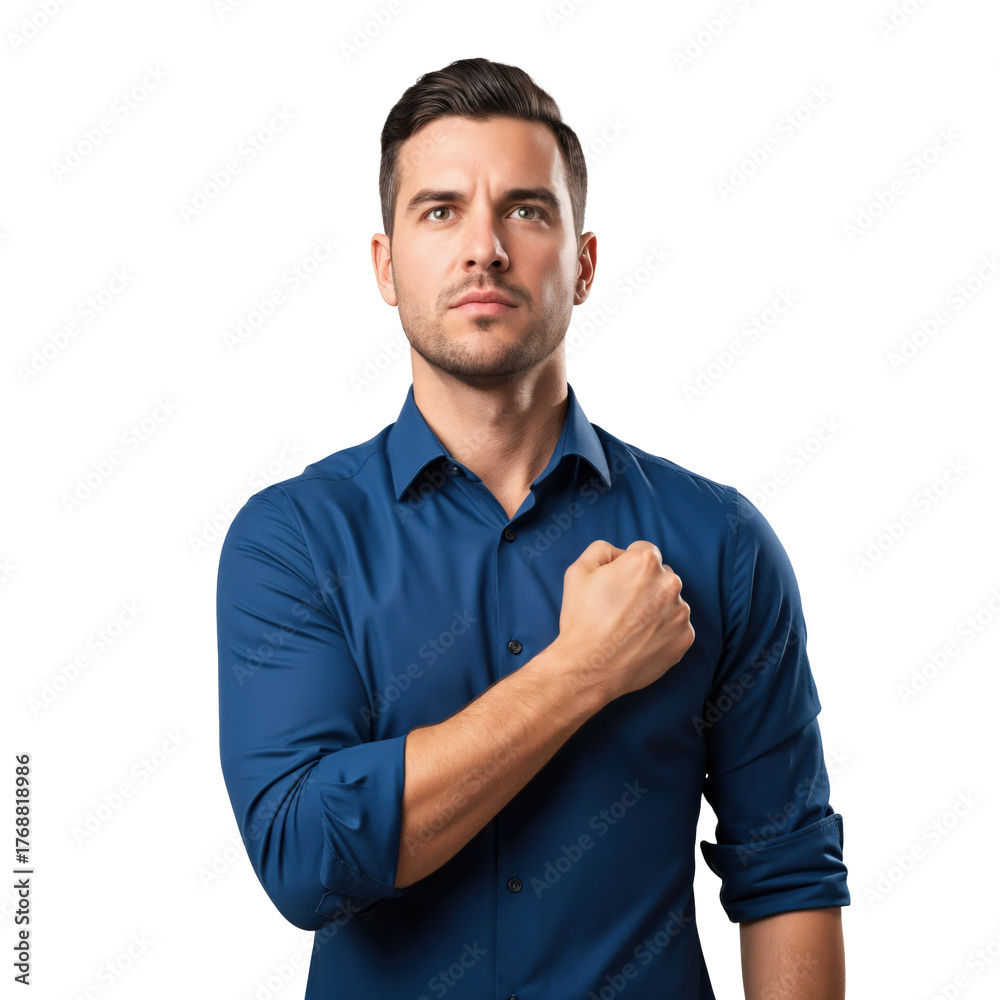Obraz premium Serious young adult man in a blue shirt with his hand over his heart, looking up with a solemn and sincere expression, isolated on black.