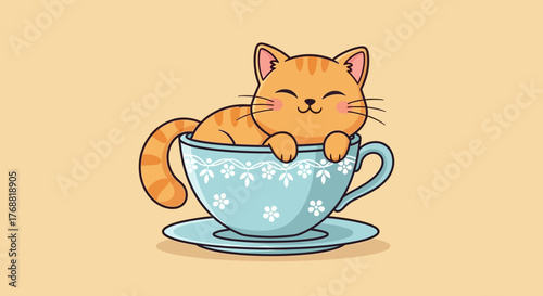 Whimsical feline friend playfully perched inside an elegant teacup for a delightful illustration