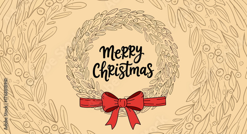 Festive holiday cheer: Hand-drawn Christmas wreath with a scarlet bow and message