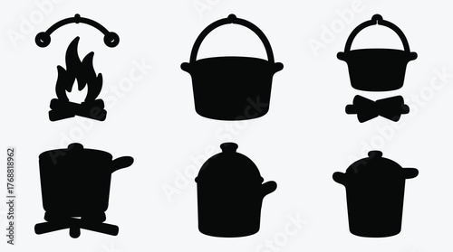 Camping cooking equipment vector silhouette set for outdoor adventures design