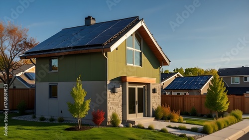 Eco-friendly home with solar panels and green roof in a suburban neighborhood