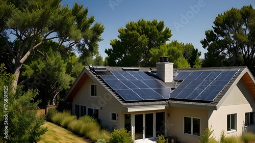 Eco-friendly home with solar panels and green roof in a suburban neighborhood