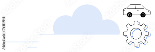 Cloud paired with a car and gear represents automotive innovation, cloud computing, and technological progress. Ideal for infrastructure, mobility, connectivity, IT, eco-friendliness, automation