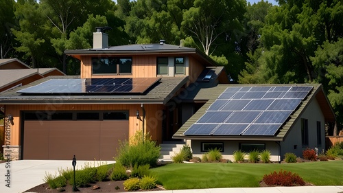 Eco-friendly home with solar panels and green roof in a suburban neighborhood