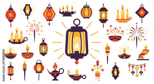 Assortment of diverse lanterns, candles, fireworks, and lamps, all celebrating lights
