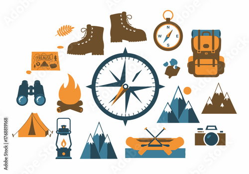A collection of outdoors and adventure-themed illustrations arranged on a white background