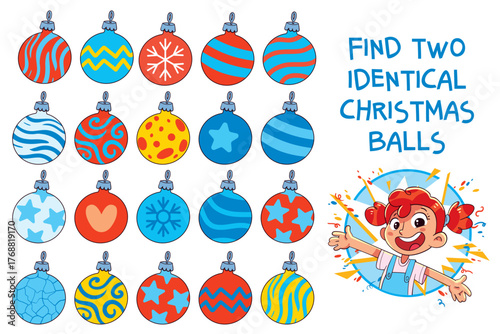 Funny Christmas puzzle with many colorful ornaments. Find two identical holiday balls among various patterns. Cute educational activity for kids in cartoon style. Isolated on white. Spot it