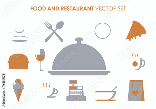 A set of food-related icons, including a burger, pizza, ice cream, utensils, and other restaurant items