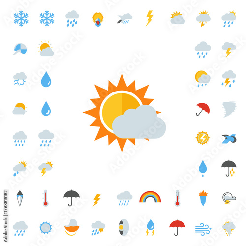 Colorful vector illustration of various weather forecast icons, symbols, and elements