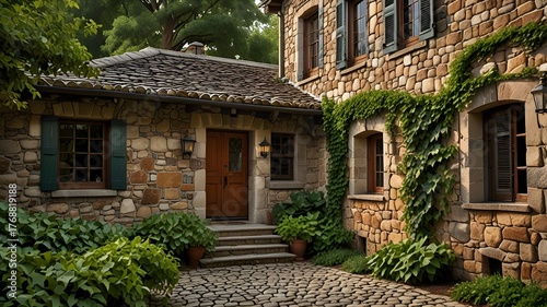 Rustic stone house with ivy-covered walls and a cobblestone path 