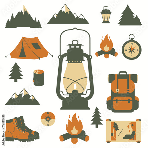 Collection of camping icons includes tent, lantern, campfire, backpack, map, compass, trees, mountains, boot
