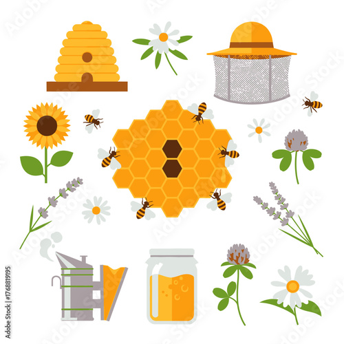 A collection of illustrations depicting bees, honey, flowers, and beekeeping tools on a white background