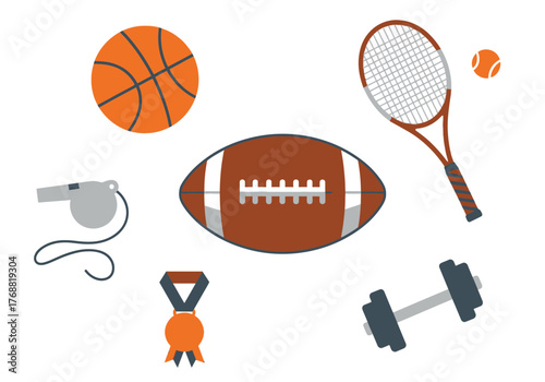 A collection of various sports equipment, including a ball, football, racquet, weights, and more, on white