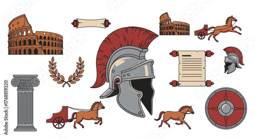 Collection of Roman-themed vector illustrations, featuring a coliseum, horses, and various artifacts