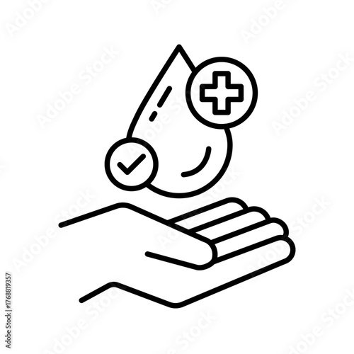 Set dermatologically tested vector label with water drop, leaf and hand logo. Dermatology test symbol, dermatologist badge, clinically proven icon for allergy free and healthy safe product package tag