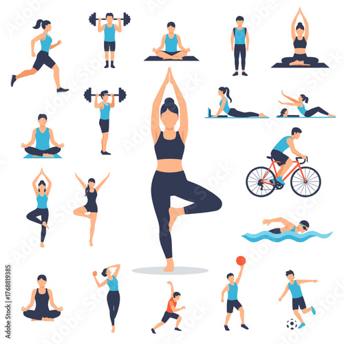 Collection of people performing various exercises and sports, including yoga, weightlifting, and running